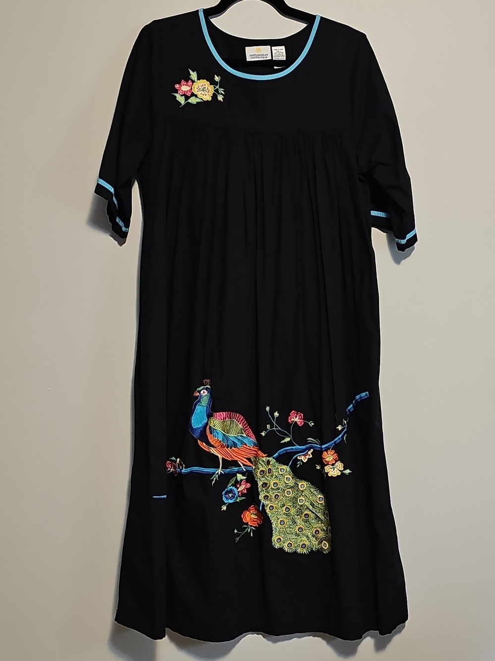 Black Embroidered Peacock Maxi Dress with Blue Trim
